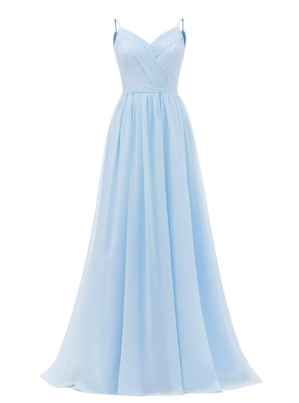 Women's Lace Chiffon Bridesmaid Dresses for Wedding Long Spaghetti Straps Bodice Formal Party Gown with Pockets