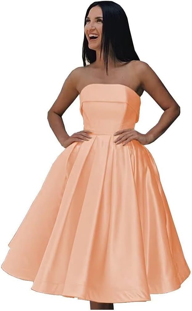Tea Length Satin Cocktail Party Dresses for Women, Strapless Formal Evening Prom Gown Homecoming Graduation Dresses