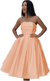 Tea Length Satin Cocktail Party Dresses for Women, Strapless Formal Evening Prom Gown Homecoming Graduation Dresses