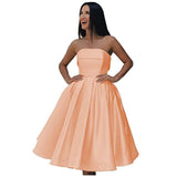 Tea Length Satin Cocktail Party Dresses for Women, Strapless Formal Evening Prom Gown Homecoming Graduation Dresses