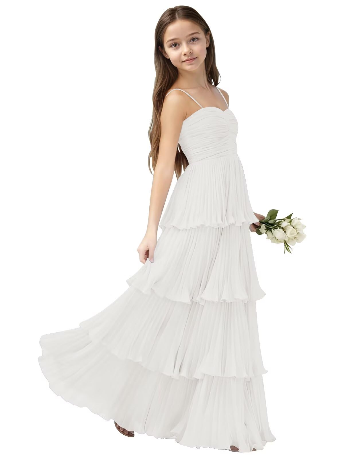 Chiffon Pleated Junior Bridesmaid Dress Princess Birthday Tiered Ruffle Prom Gown Wedding Long Flower Girl Dress