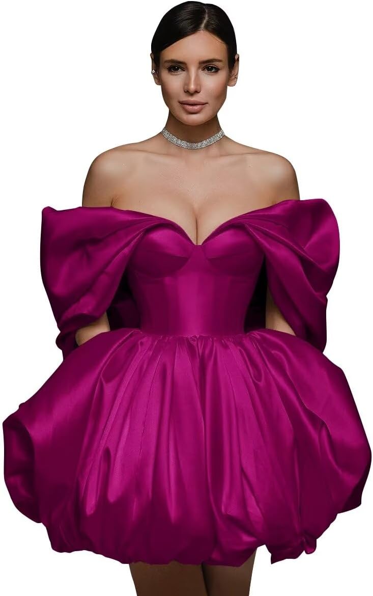 Off The Shoulder Short Wedding Dresses for Bride Puffy Satin Bridal Dresses w/Pockets Strapless Formal Ball Gowns