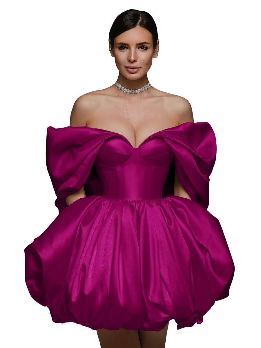 Off The Shoulder Short Wedding Dresses for Bride Puffy Satin Bridal Dresses w/Pockets Strapless Formal Ball Gowns