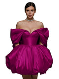 Off The Shoulder Short Wedding Dresses for Bride Puffy Satin Bridal Dresses w/Pockets Strapless Formal Ball Gowns