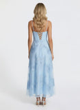 Jacquard Tulle Prom Dresses Spaghetti Straps Formal Evening Party Dress Tea Length
