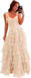 Tiered Prom Dresses with Bow Long A-Line Chiffon Formal Evening Dress for Women Spaghetti Straps Slit Ball Gown