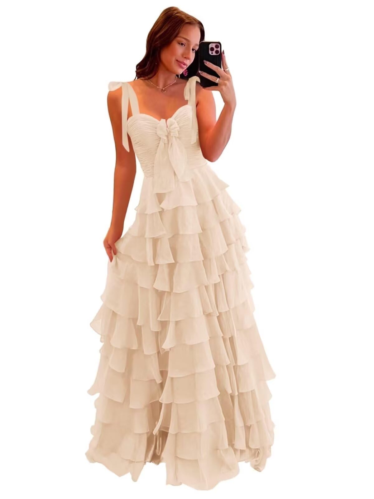 Tiered Prom Dresses with Bow Long A-Line Chiffon Formal Evening Dress for Women Spaghetti Straps Slit Ball Gown