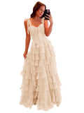 Tiered Prom Dresses with Bow Long A-Line Chiffon Formal Evening Dress for Women Spaghetti Straps Slit Ball Gown