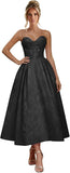 Jacquard Satin Prom Dresses for Women Strapless Tea Length Sweetheart Neck A-line Formal Party Dress with Pockets