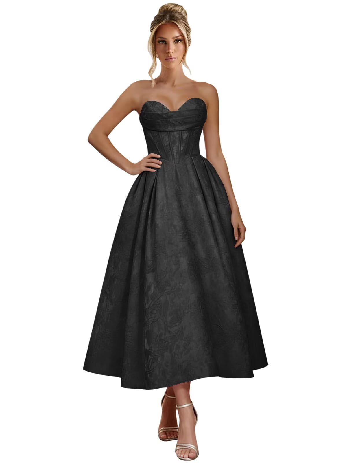 Jacquard Satin Prom Dresses for Women Strapless Tea Length Sweetheart Neck A-line Formal Party Dress with Pockets
