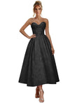 Jacquard Satin Prom Dresses for Women Strapless Tea Length Sweetheart Neck A-line Formal Party Dress with Pockets