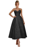 Jacquard Satin Prom Dresses for Women Strapless Tea Length Sweetheart Neck A-line Formal Party Dress with Pockets