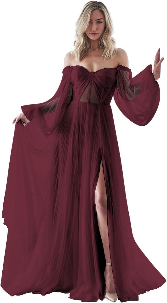Women's Puffy Long Sleeve Prom Dresses with Slit Off Shoulder Tulle Wedding Formal Evening Gowns