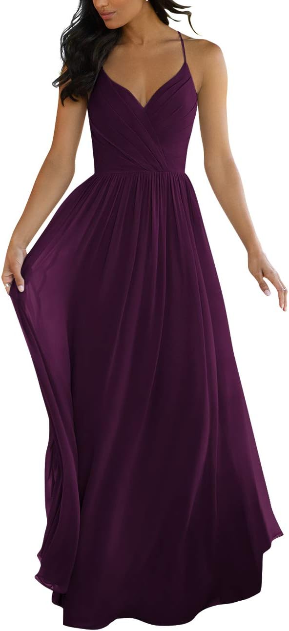 V Neck Bridesmaid Dresses for Women 2025 Long Chiffon Pleated A-line Spaghetti Strap Wedding Evening Prom Gown