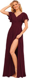 V Neck Bridesmaid Dresses for Women with Slit 2025 Flutter Sleeve Chiffon Pleats Formal Dress with Pockets