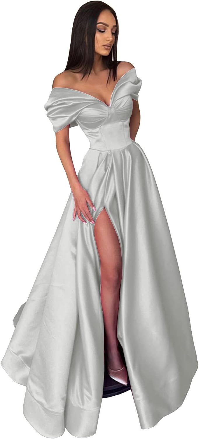 Women’s Off The Shoulder Prom Dresses with Slit Satin Ruched Long Formal Evening Gowns
