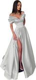 Women’s Off The Shoulder Prom Dresses with Slit Satin Ruched Long Formal Evening Gowns