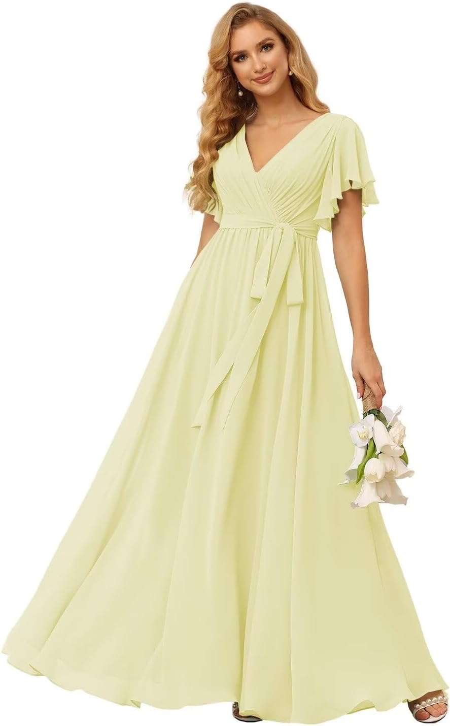 Damen Brautjungfernkleider mit Flatterärmeln, lang, mit Taschen, V-Ausschnitt, Chiffon, formelle Kleider 
