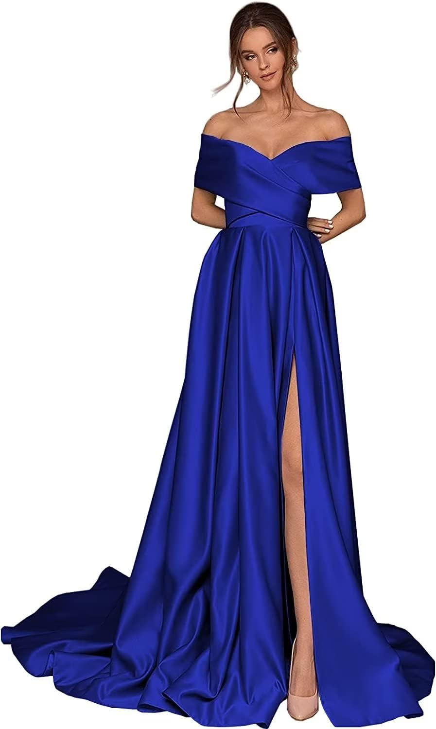 Women's Off Shoulder Long Prom Dresses with Slit 2025 Satin A-Line Sweetheart Corset Formal Evening Dresses with Pockets