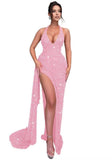 Sparkly Sequin Halter Prom Dresses for Women Mermaid Formal Dress with Slit Backless Ruched Evening Party Gowns