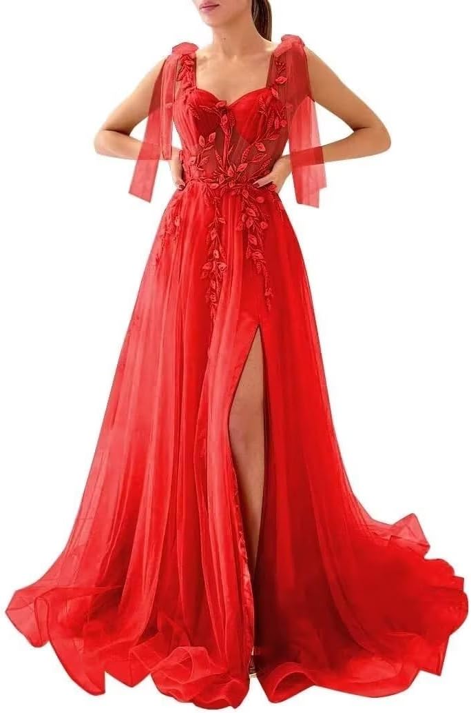 Appliques Tulle Lace Prom Dresses with Slit Spaghetti Straps Formal Evening Dress Sweetheart Ball Gowns