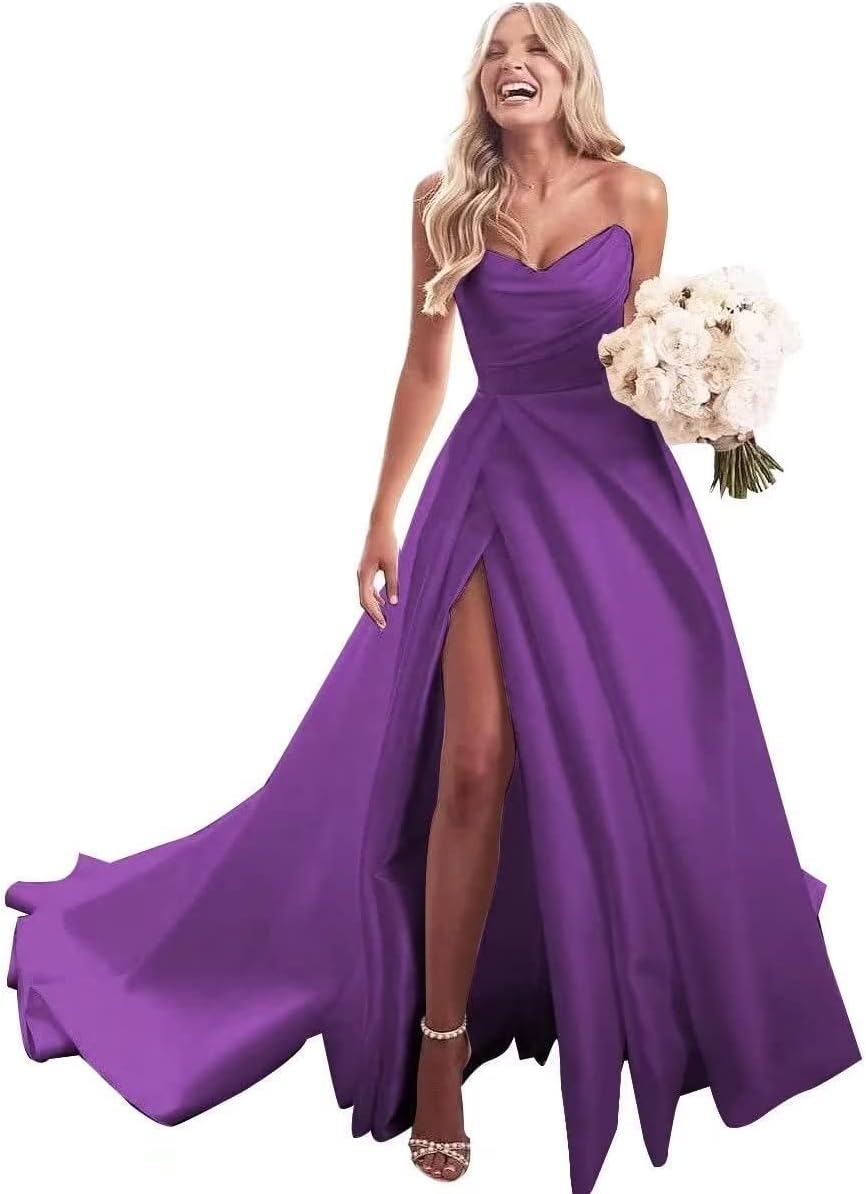 Trägerloses Ballkleid, langes Ballkleid, Satin-Brautkleid für die Braut, A-Linie, formelle Abendkleider mit Schlitz 