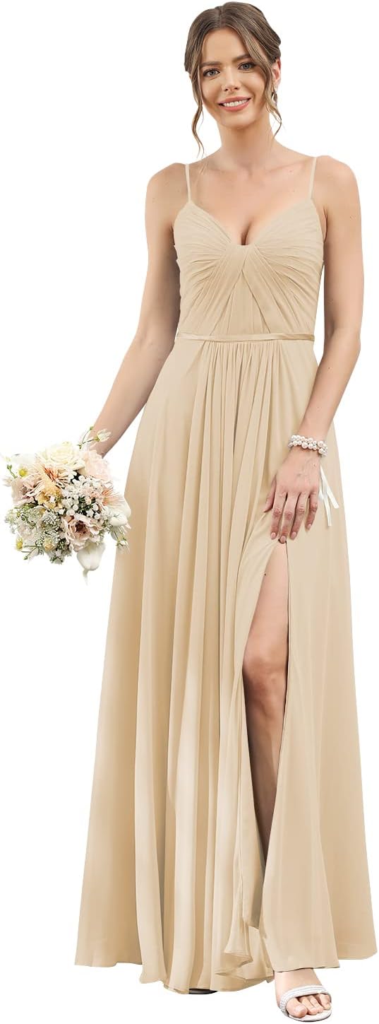 Vestidos de dama de honor largos con tirantes finos y bolsillos, plisados, formales, de noche, con abertura 