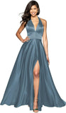 Womens Satin Prom Dresses Long with Slit Halter Evening Formal Gowns for Women with Pockets