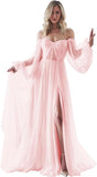 Women's Puffy Long Sleeve Prom Dresses with Slit Off Shoulder Tulle Wedding Formal Evening Gowns