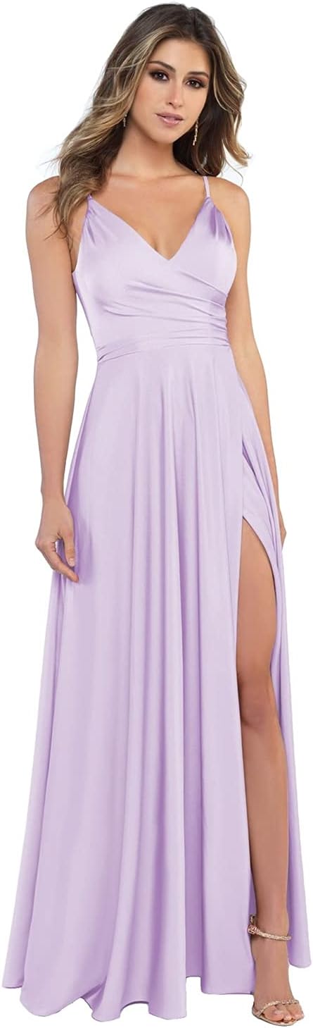 Damen-Brautjungfernkleider aus Satin mit V-Ausschnitt und Schlitz, Spaghettiträgern, formelle Ballkleider mit Taschen 