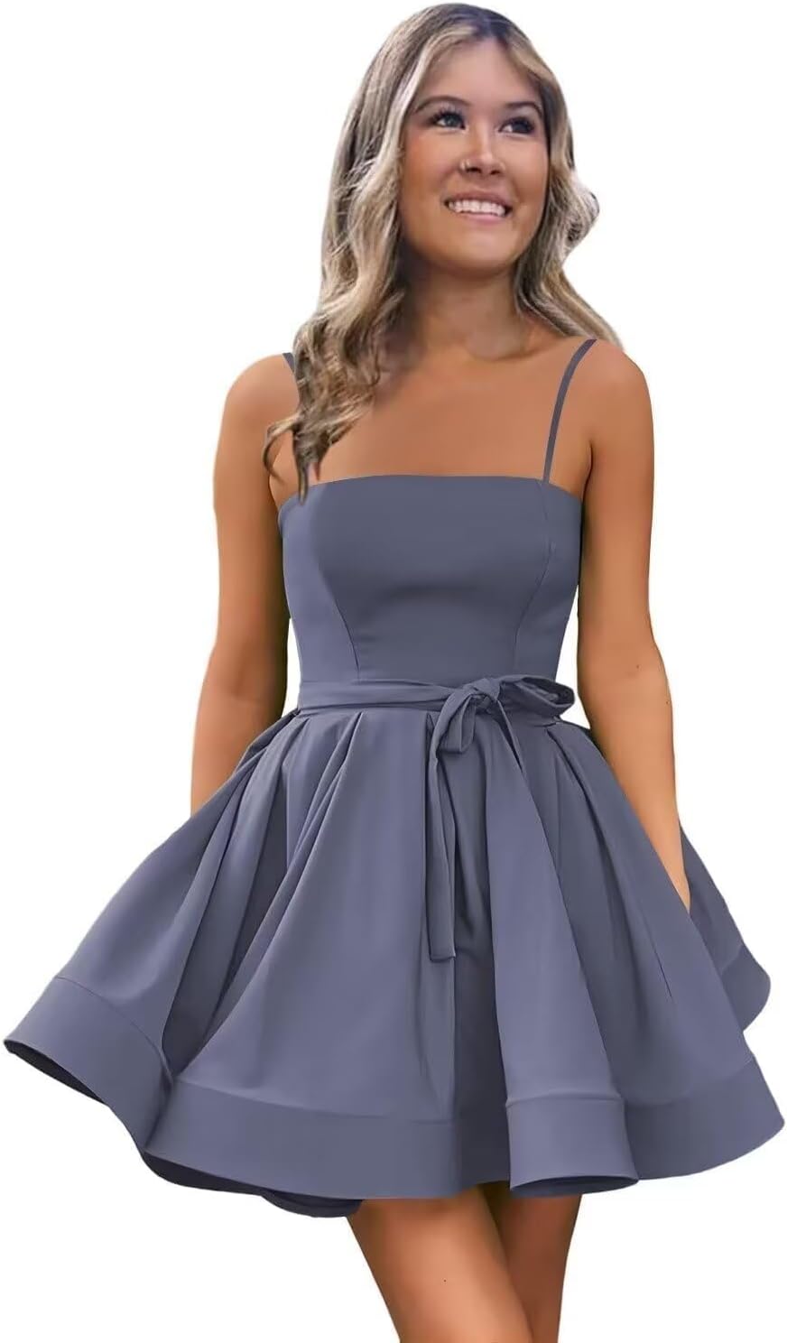 Women’s Short Satin Spaghetti Straps Formal Homecoming Dresses A Line Corset Puffy Prom Gown with Pockets for Teens