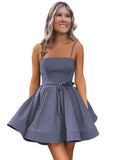 Women’s Short Satin Spaghetti Straps Formal Homecoming Dresses A Line Corset Puffy Prom Gown with Pockets for Teens