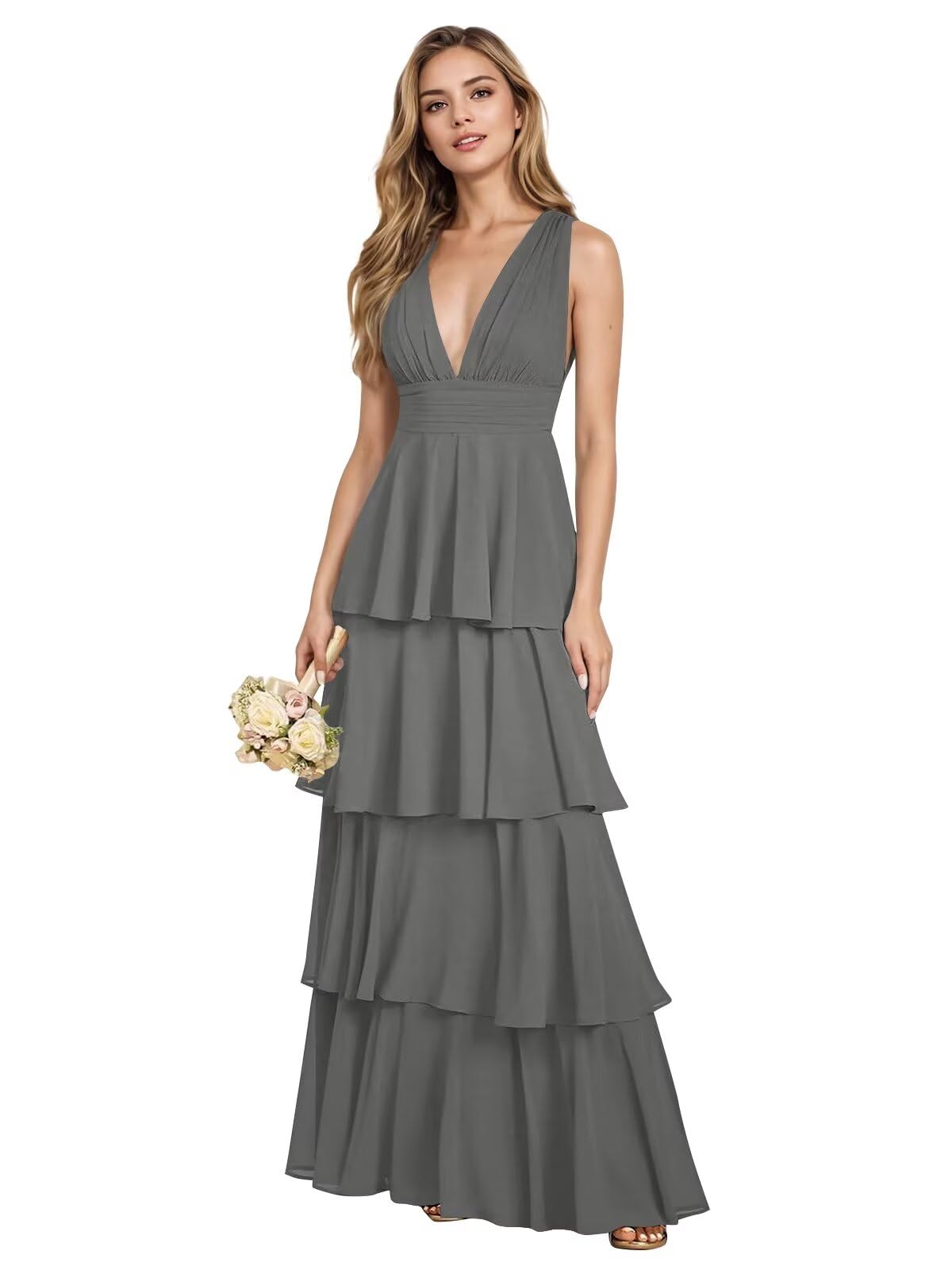 V Neck Chiffon Bridesmaid Dresses for Women 2027 Long Tiered A-Line Ruffles Formal Evening Party Dress