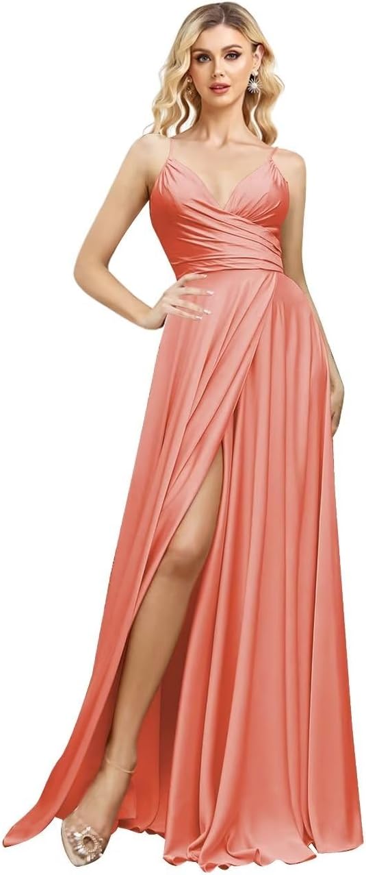 V Neck Satin Bridesmaid Dresses Spaghetti Straps Prom Dress Slit Wedding Formal Evening Party Dress