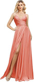 V Neck Satin Bridesmaid Dresses Spaghetti Straps Prom Dress Slit Wedding Formal Evening Party Dress