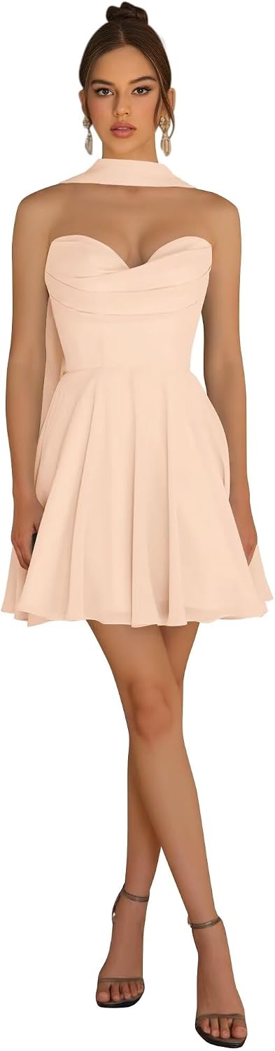 Strapless Homecoming Dresses for Teens 2026 Chiffon Short Prom Dress with Scarf A-line Pleated Cocktail Party Gown