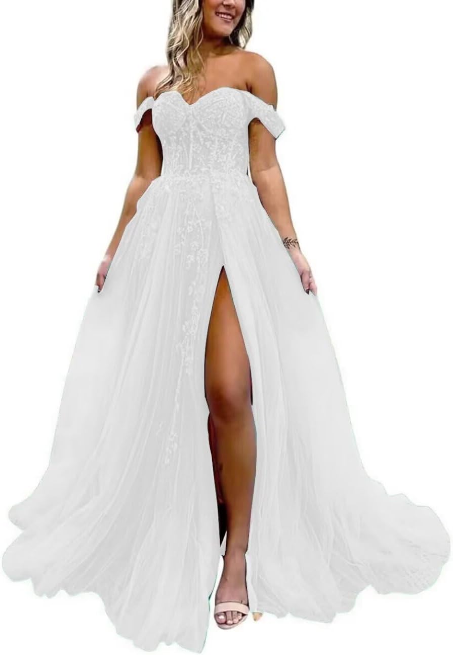 Off The Shoulder Tulle Prom Dress with Laces Applique A-line Slit Long Ball Gowns Glitter Formal Evening Dress