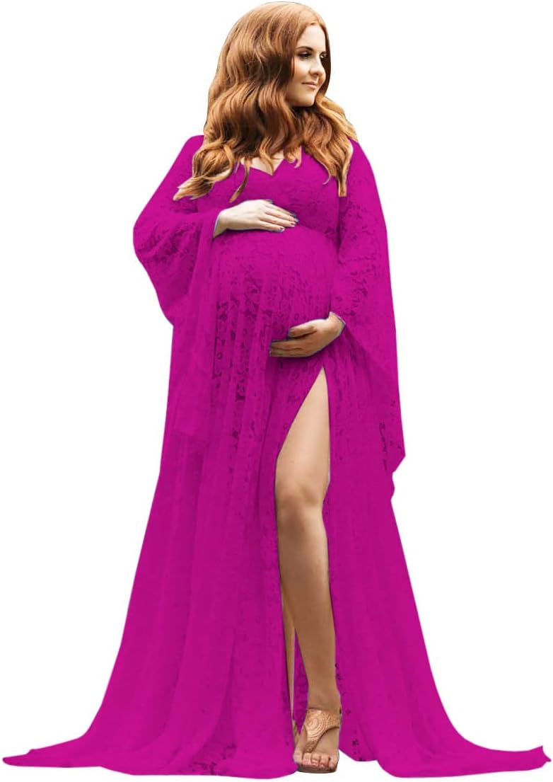 Women's Lace Maternity Dress for Photoshoot Long Puffy Sleeves V Neck Boho Pregnancy Gown for Baby Shower with Slit