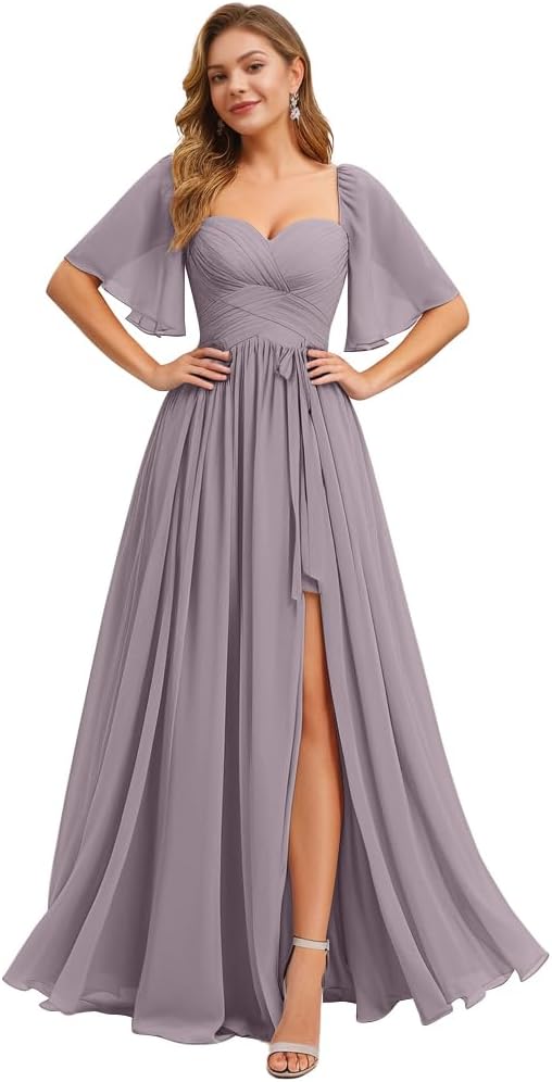 Women's Chiffon Bridesmaid Dresses for Wedding Flutter Sleeves Ruched A Line Long Formal Dress with Slit