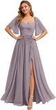 Women's Chiffon Bridesmaid Dresses for Wedding Flutter Sleeves Ruched A Line Long Formal Dress with Slit