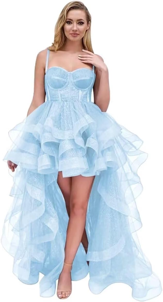 Spaghetti Cocktail Party Dress for Women High-Low Ruffled Summer Dress Long Trailing Prom Ball Gown