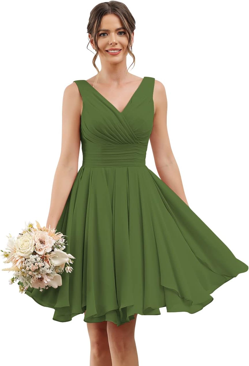 Double V Neck Short Bridesmaid Dresses for Women 2025 Chiffon A Line Formal Evening Gowns with Pockets