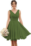 Double V Neck Short Bridesmaid Dresses for Women 2025 Chiffon A Line Formal Evening Gowns with Pockets