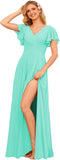 V Neck Bridesmaid Dresses for Women with Slit 2025 Flutter Sleeve Chiffon Pleats Formal Dress with Pockets