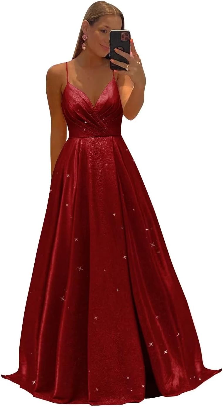Women's Spaghetti Straps Prom Dresses Long V-Neck Sparkling Bridesmaid Dresses Formal Evening Gowns with High Slit