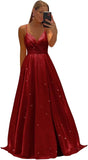 Women's Spaghetti Straps Prom Dresses Long V-Neck Sparkling Bridesmaid Dresses Formal Evening Gowns with High Slit