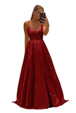 Women's Spaghetti Straps Prom Dresses Long V-Neck Sparkling Bridesmaid Dresses Formal Evening Gowns with High Slit