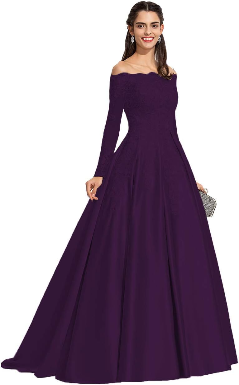Vestidos de fiesta formales de satén con apliques de encaje y hombros descubiertos para mujer, con mangas largas