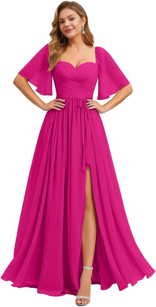 Women's Chiffon Bridesmaid Dresses for Wedding Flutter Sleeves Ruched A Line Long Formal Dress with Slit