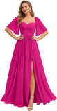 Women's Chiffon Bridesmaid Dresses for Wedding Flutter Sleeves Ruched A Line Long Formal Dress with Slit